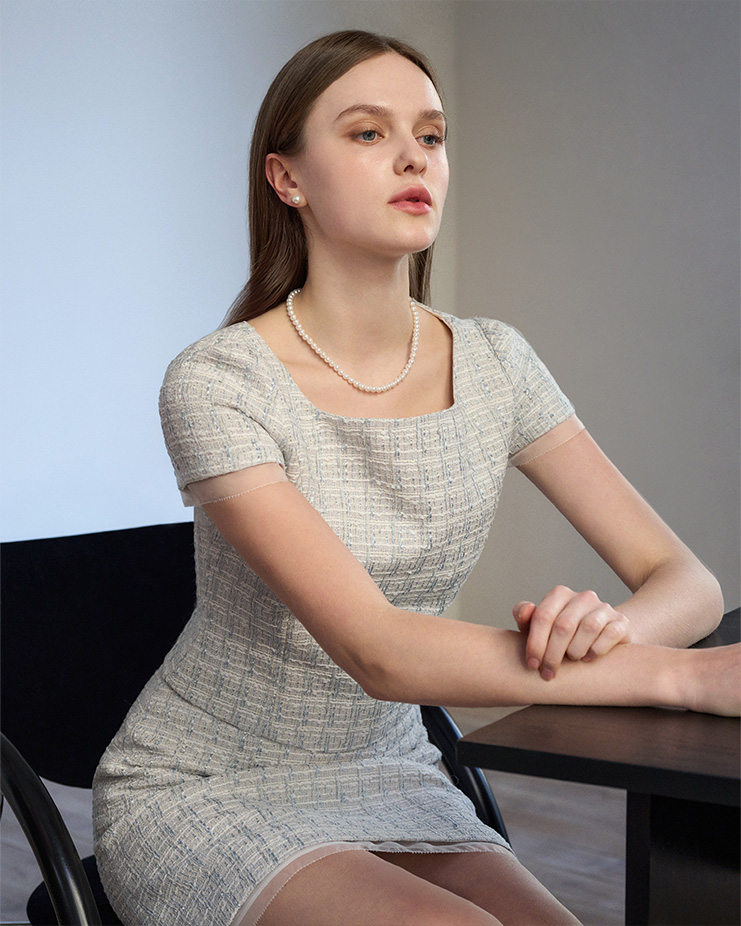 Muse glitter tweed square neck blouse [Light blue] Korea