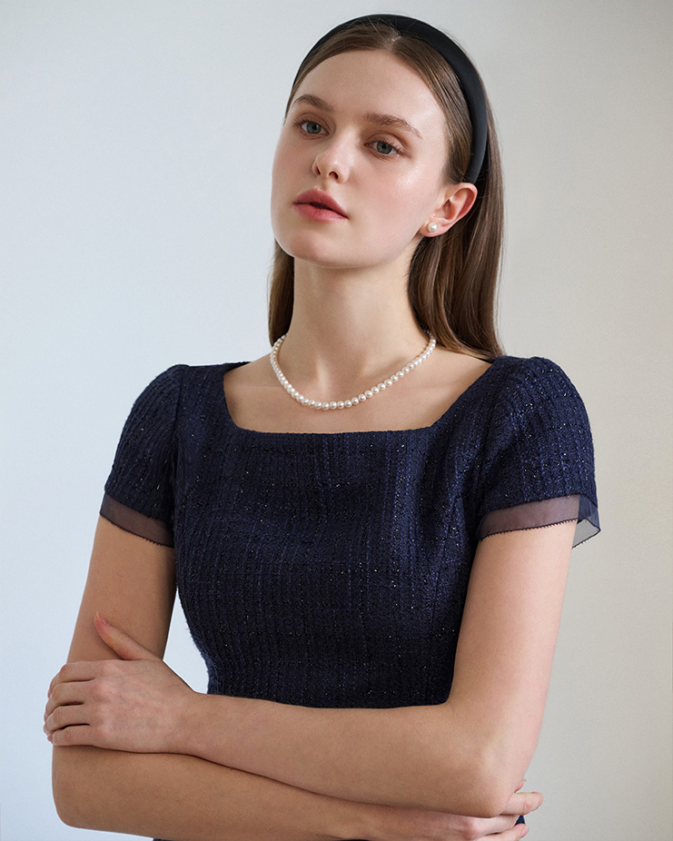Muse glitter tweed square neck blouse [Navy] Korea
